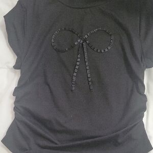 Black Women's Short Sleeve Top with Ribbon Detail